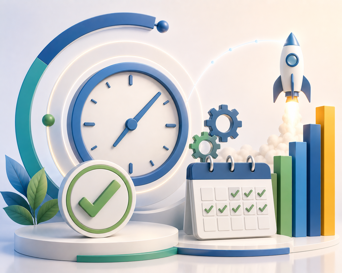 On-time launches — clock, checkmark and rocket